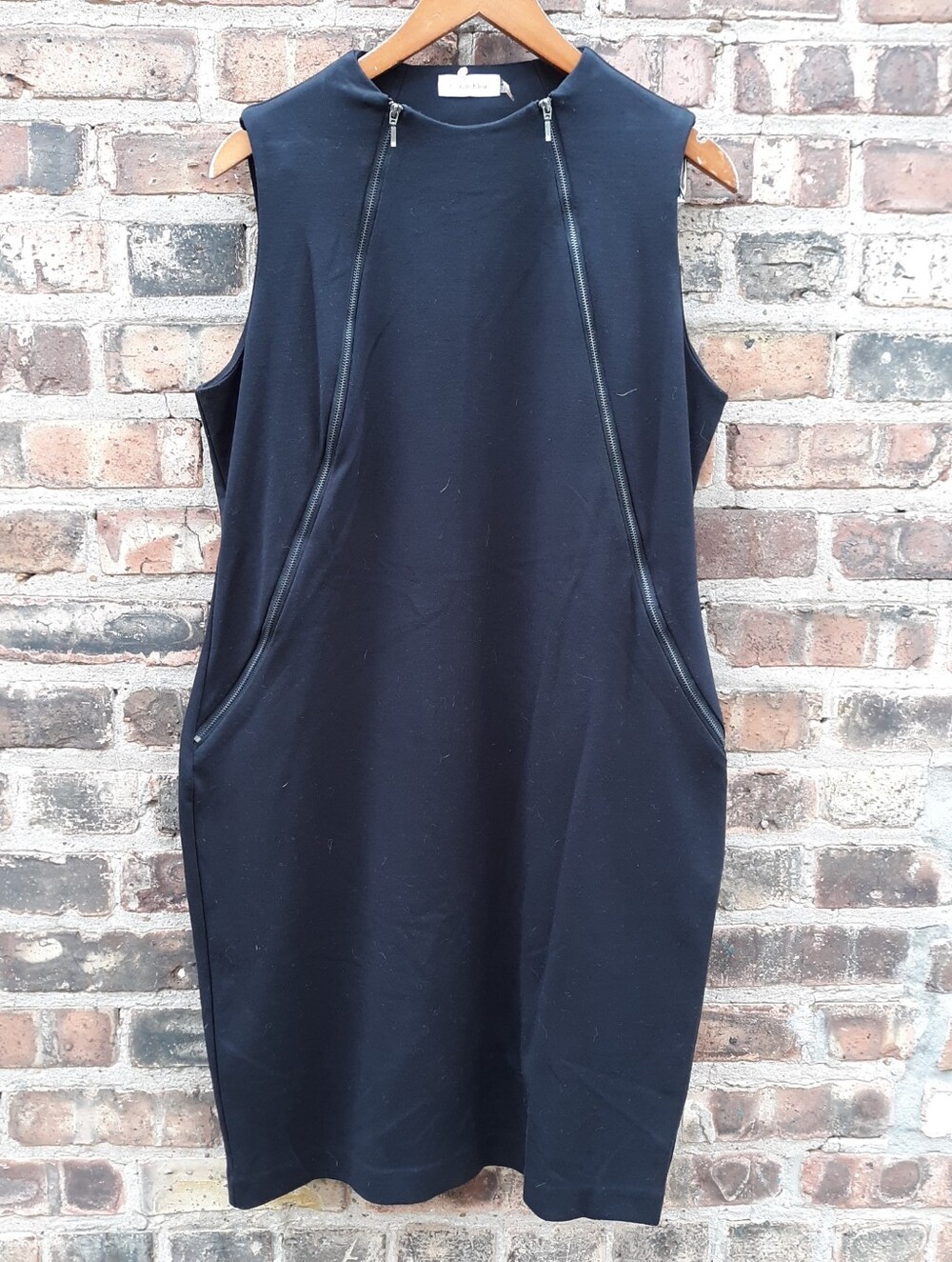 Calvin Klein Black Shift Dress 14 Asymmetric Dual Front Zipper Sleeveless